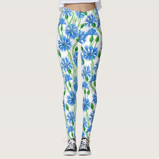 Leggings Fleurs d'eau bleu, fleurs sauvages sur blanc (Devant)
