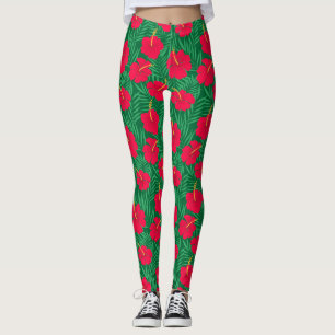 Leggings Fleurs d'Hibiscus Rouge sur Feuilles Tropicales Ve