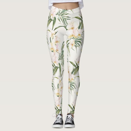 Leggings Fleurs d'orchidées blanches tropicales (Devant)