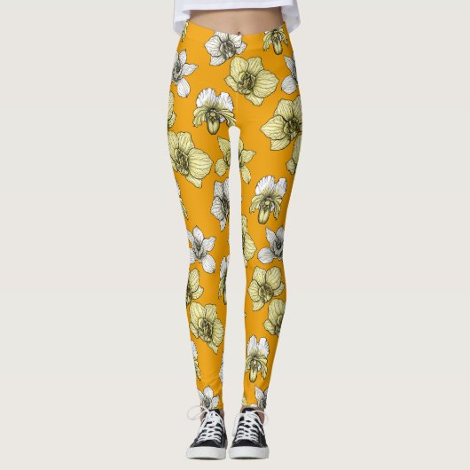 Leggings Fleurs d'orchidées jaune et blanc (Devant)