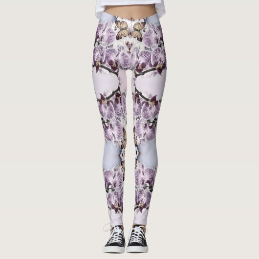 Leggings Fleurs d'orchidées roses et dessin de papillon (Devant)