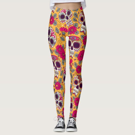 Leggings Fleurs du crâne : Arrière - plan de la fête mexica (Devant)