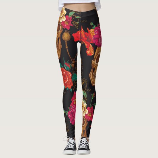 Leggings Fleurs du crâne : Arrière - plan foncé sans coutur (Devant)