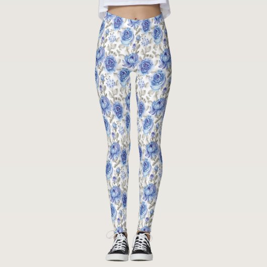 Leggings Fleurs élégantes motif botanique bleu et gris (Devant)