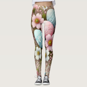 Leggings Fleurs en dentelle pastel œufs de Pâques roses et