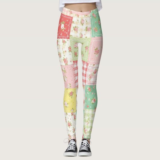 Leggings Fleurs en patchwork gingham pastel doux (Devant)