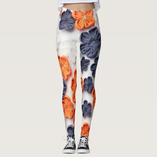 Leggings Fleurs en tissu cousu à la main printemps orange b (Devant)