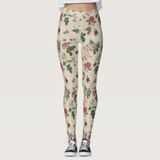 Leggings Fleurs Et Arrière - plans Feuille Beige (Devant)