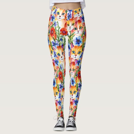 Leggings Fleurs et chats d'aquarelle d'art populaire (Devant)