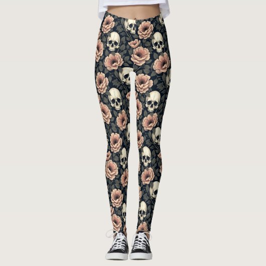 Leggings Fleurs et crânes beiges (Devant)