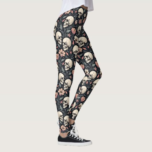 Leggings Fleurs et crânes roses poussiéreux (Droite)