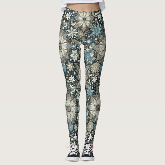 Leggings Fleurs et flocons de neige bleu et or (Devant)
