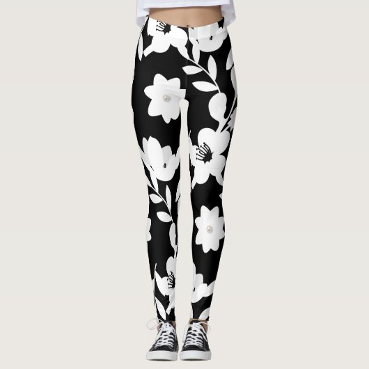 Leggings Fleurs et perles sur le noir (Devant)