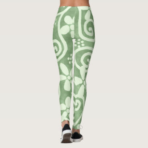 Leggings Fleurs Fantaisistes & Motif Vert Blanc en Spirale