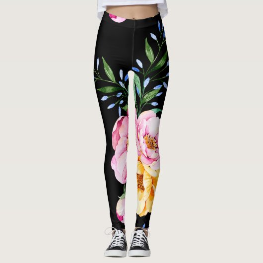 Leggings Fleurs & Feuilles Conception Sur Noir (Devant)
