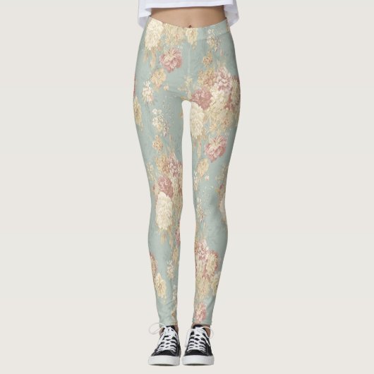 Leggings Fleurs Florales Blanches Rose Bleu Chic Shabby (Devant)