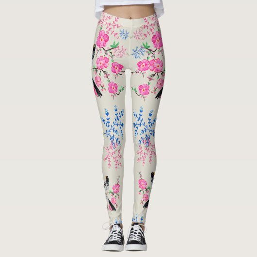 Leggings Fleurs florales de perles élégantes Oiseaux nature (Devant)