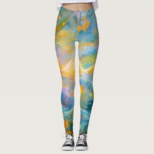 Leggings Fleurs flottantes de lotus doré abstrait (Devant)