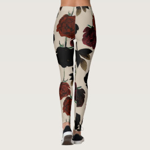 Leggings Fleurs foncées grasses rouges et beige noir botani