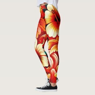 Leggings Fleurs hawaïennes tropicales Hibiscus Orange Jaune