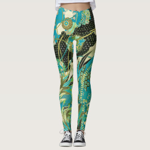Leggings FLEURS JAPONAISES ANCIENNES Aqua Blue Green Floral