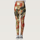 Leggings FLEURS JAPONAISES ANCIENNES Rouge Vert Noir Floral (Devant)