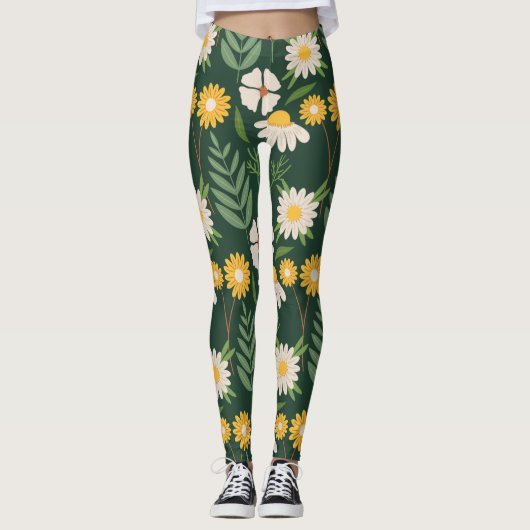 Leggings Fleurs jaunes avec feuilles verts (Devant)