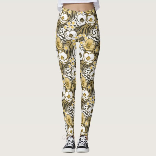 Leggings Fleurs jaunes, blanches sur un arrière - plan de t (Devant)