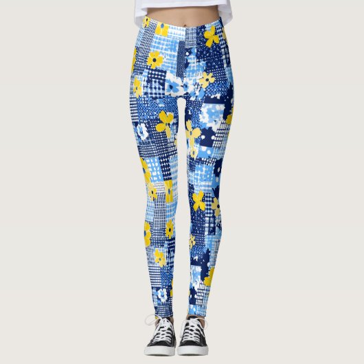 Leggings Fleurs jaunes Motif bleu (Devant)