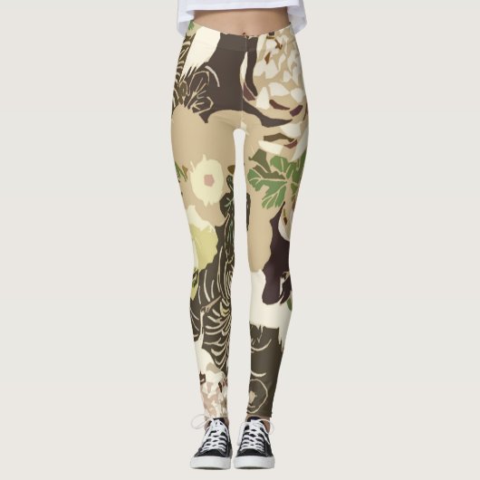 Leggings Fleurs marron vintage et beige et oiseaux (Devant)