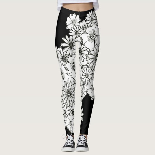 Leggings Fleurs modernes noires et blanches modernes (Devant)