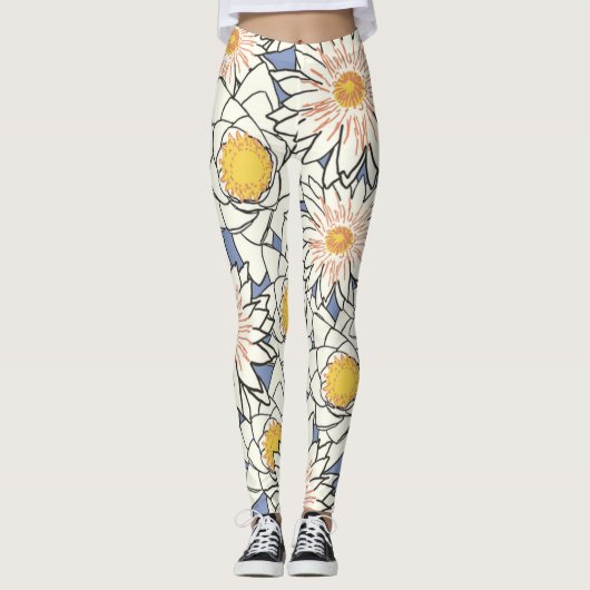 Leggings Fleurs modernes rétro adorables l Bleu et blanc (Devant)
