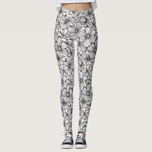 Leggings Fleurs Noir Blanc (Devant)