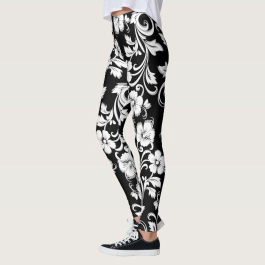 Leggings Fleurs noires et blanches modernes Filigree artwor (Gauche)