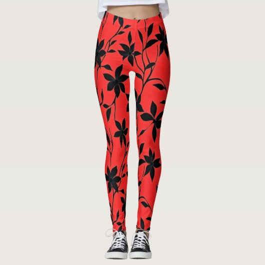 Leggings Fleurs noires rouges (Devant)