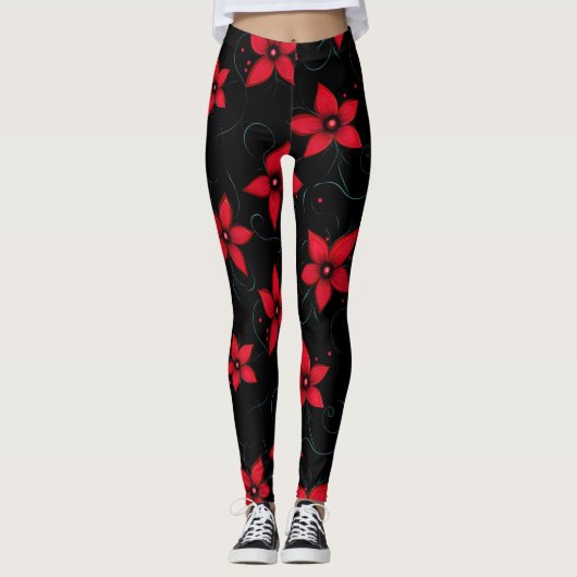 Leggings Fleurs noires rouges classiques (Devant)