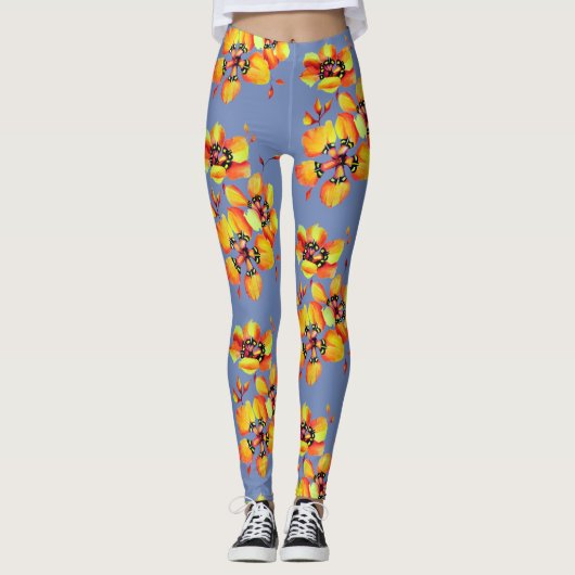 Leggings Fleurs orange vif - gris bleu (Devant)