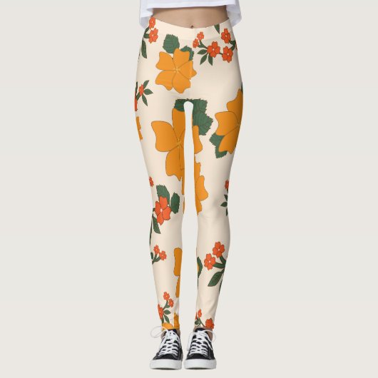 Leggings Fleurs Oranges, Motif Floral, Motif De Fleurs (Devant)
