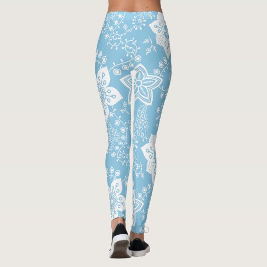 Leggings Fleurs Paisley Blanches Motif D'Art Sur Bleu Clair (Dos)