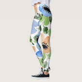 Leggings Fleurs partout, Pêche, Bleu, Aquarelle verte (Gauche)