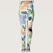 Leggings Fleurs partout, Pêche, Bleu, Aquarelle verte (Devant)