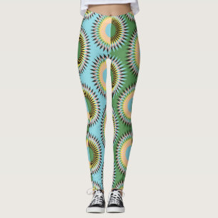 Leggings Fleurs pliées : motif rétro bleu-vert.