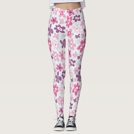 Leggings Fleurs roses et Coeurs Bleus mignons Whimsical (Devant)