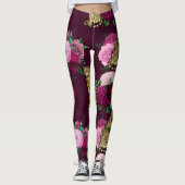 Leggings Fleurs roses et gros chats d'or Imprimer l'entraîn (Devant)