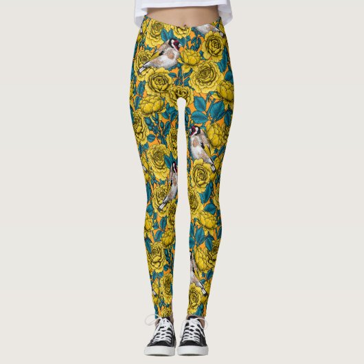 Leggings Fleurs roses et oiseaux dorés (Devant)
