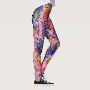 Leggings Fleurs roses et violettes Jardin Aquarelle origina