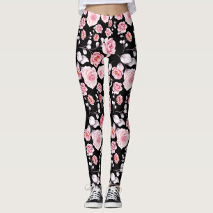 Leggings Fleurs roses motif sur noir
