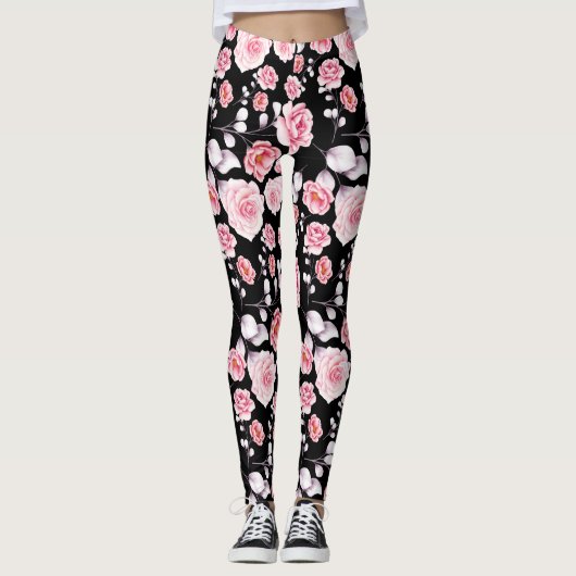 Leggings Fleurs roses motif sur noir (Devant)