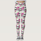 Leggings Fleurs roses rayures noires (Devant)