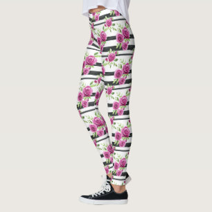 Leggings Fleurs roses rayures noires
